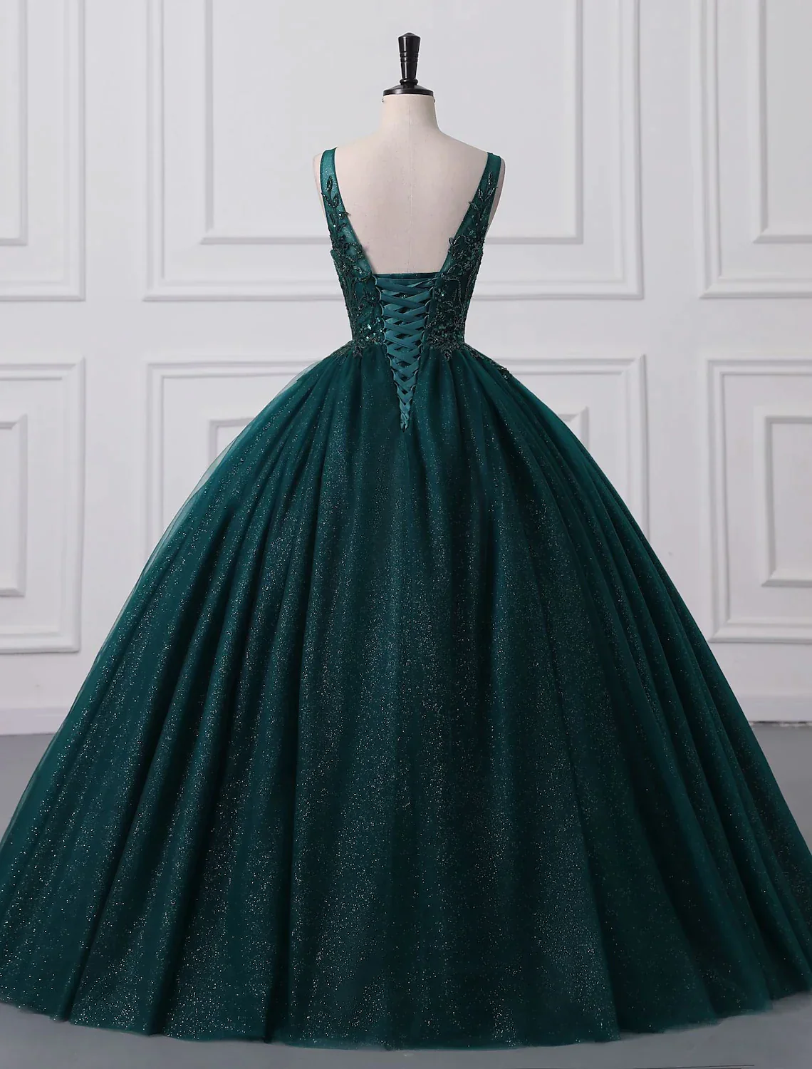 Prom Dresses Sparkle Shine Dress Quinceanera Floor Length Sleeveless V Neck Tulle with Sequin Appliques - TREBLEV