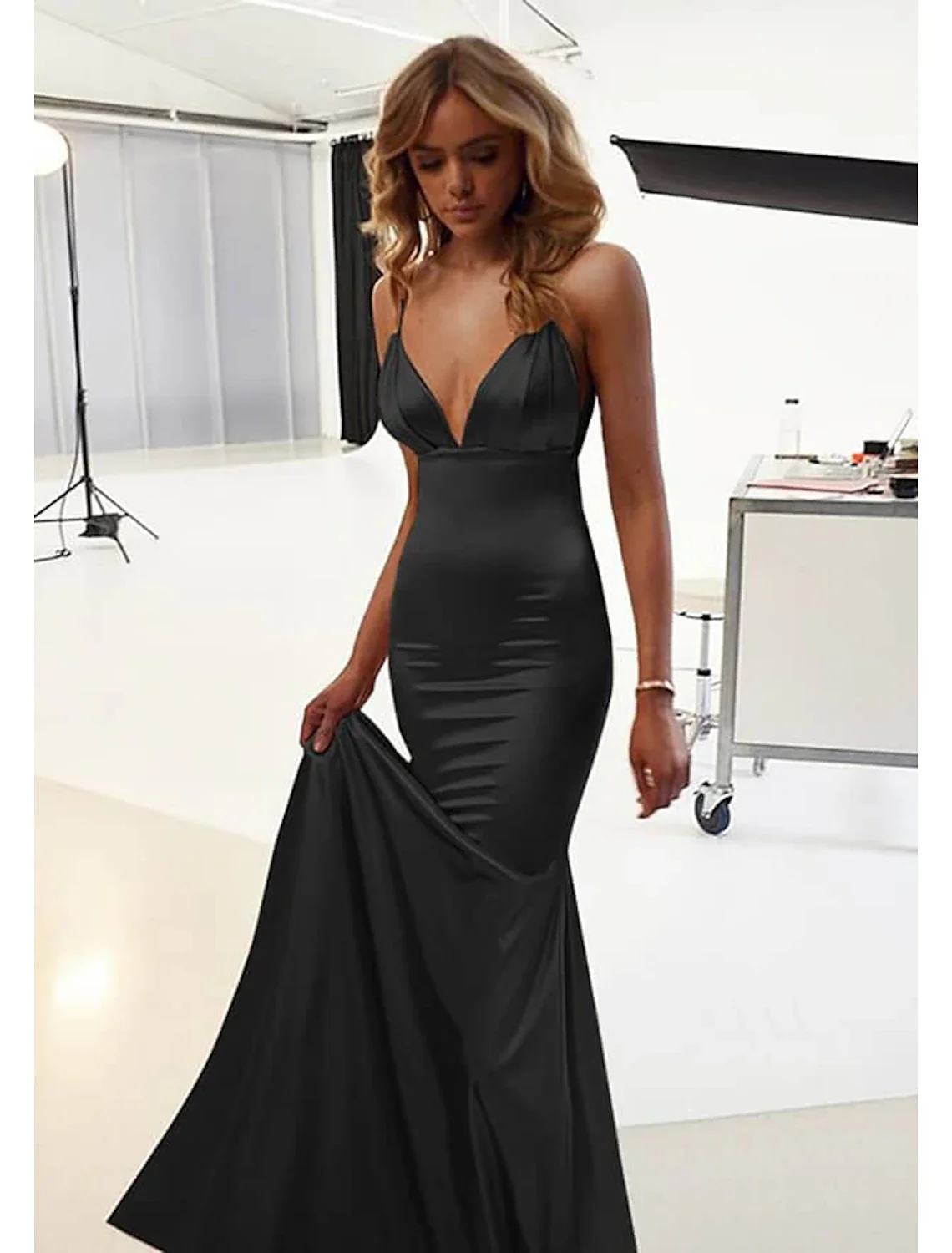 Mermaid / Trumpet Wedding Guest Dresses Sexy Dress Prom Floor Length Sleeveless Spaghetti Strap Cotton Backless with Ruched - TREBLEV