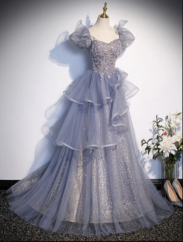 Ball Gown Quinceanera Dresses Princess Dress Performance Floor Length Short Sleeve Square Neck Tulle with Crystals Ruffles - TREBLEV