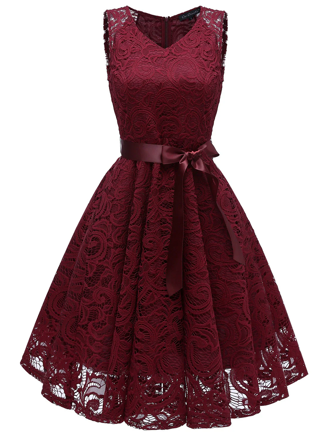 A-Line Cocktail Dresses Minimalist Dress Homecoming Short / Mini Sleeveless V Neck Lace with Bow(s) Pleats - TREBLEV