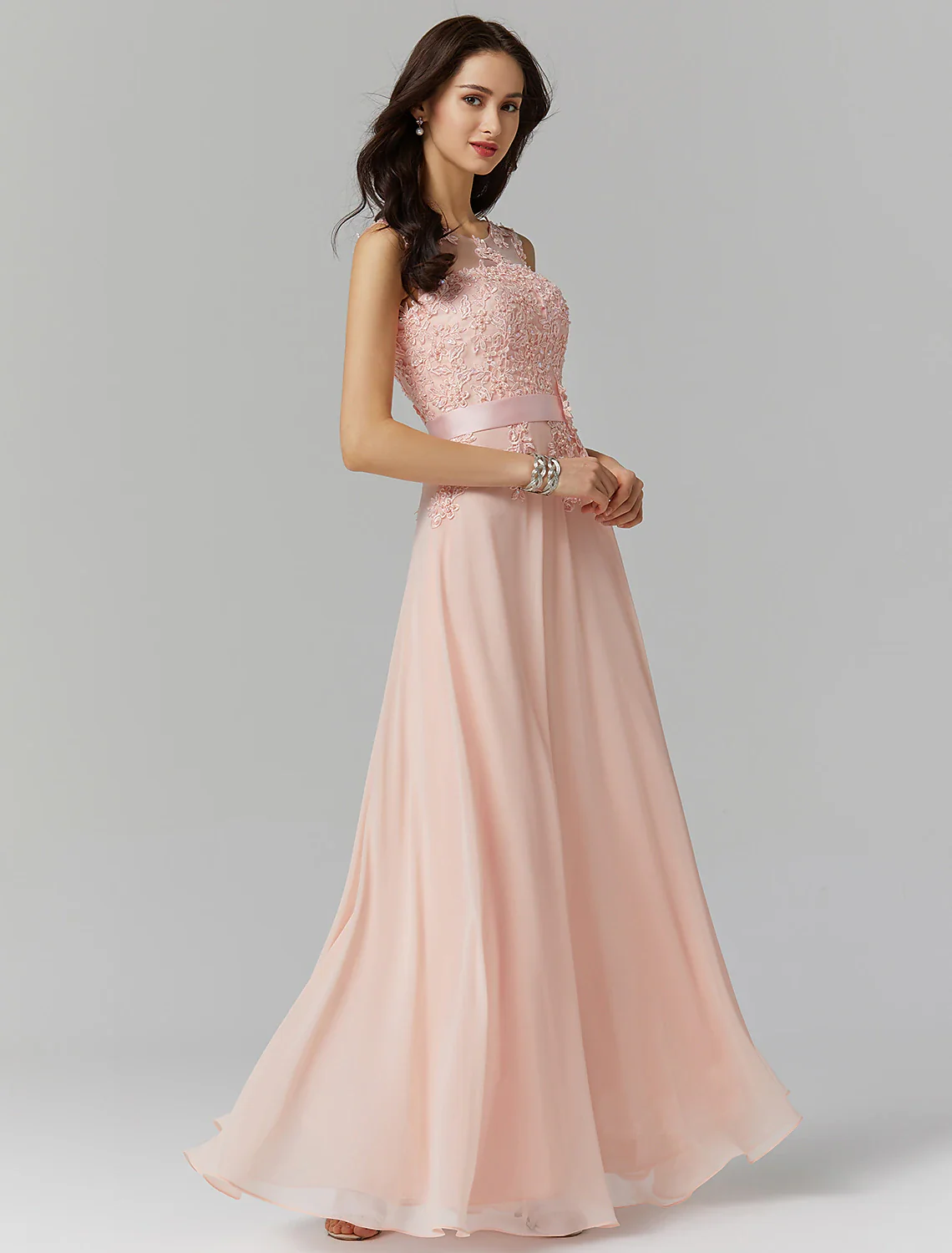 A-Line Evening Gown High Waisted Prom Dress Bridesmaid Wedding Guest Chiffon Floor Length Sleeveless Illusion Neck Georgette with Appliques - TREBLEV