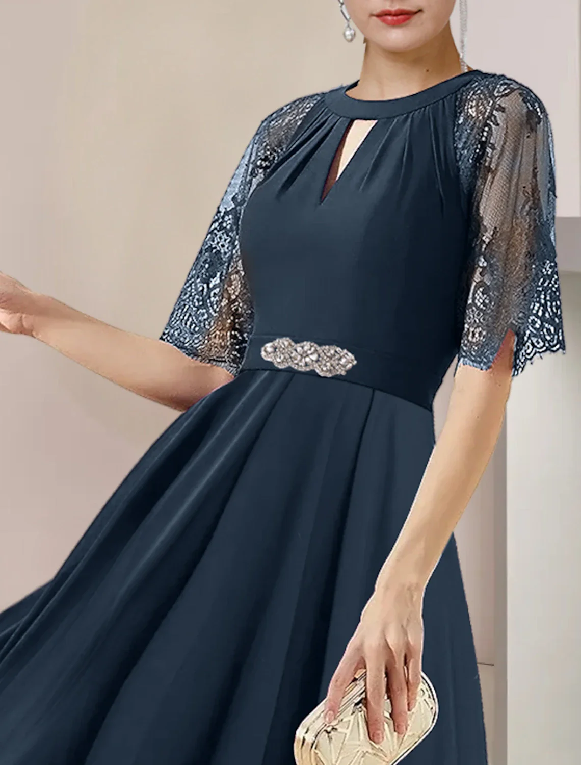 A-Line Mother of the Bride Dress Formal Wedding Guest Party Elegant High Low Scoop Neck Tea Length Chiffon Lace 3/4 Length Sleeve with Pleats Crystal Brooch - TREBLEV