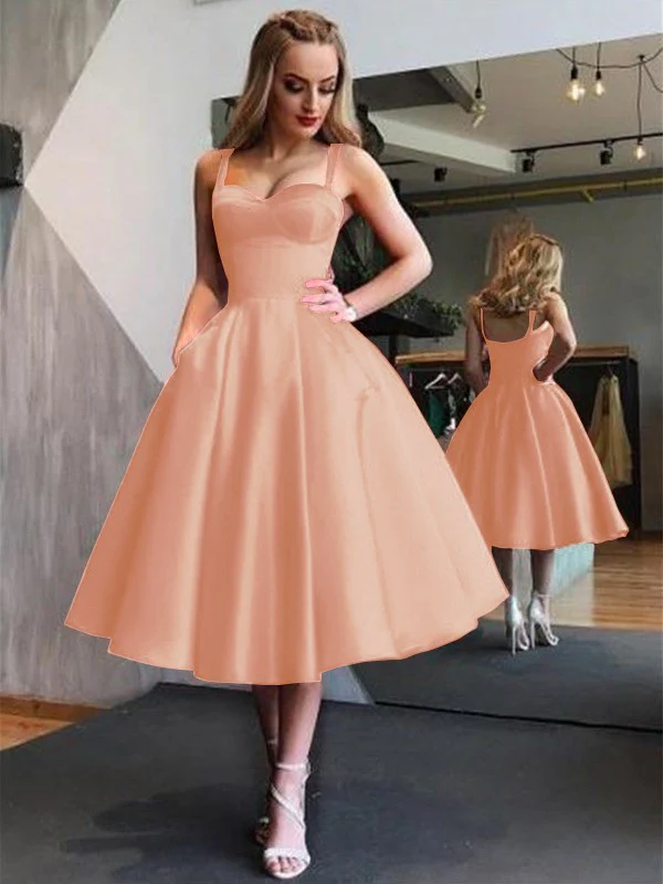 A-Line Straps Satin Sleeveless With Ruffles Tea-Length Dresses - TREBLEV