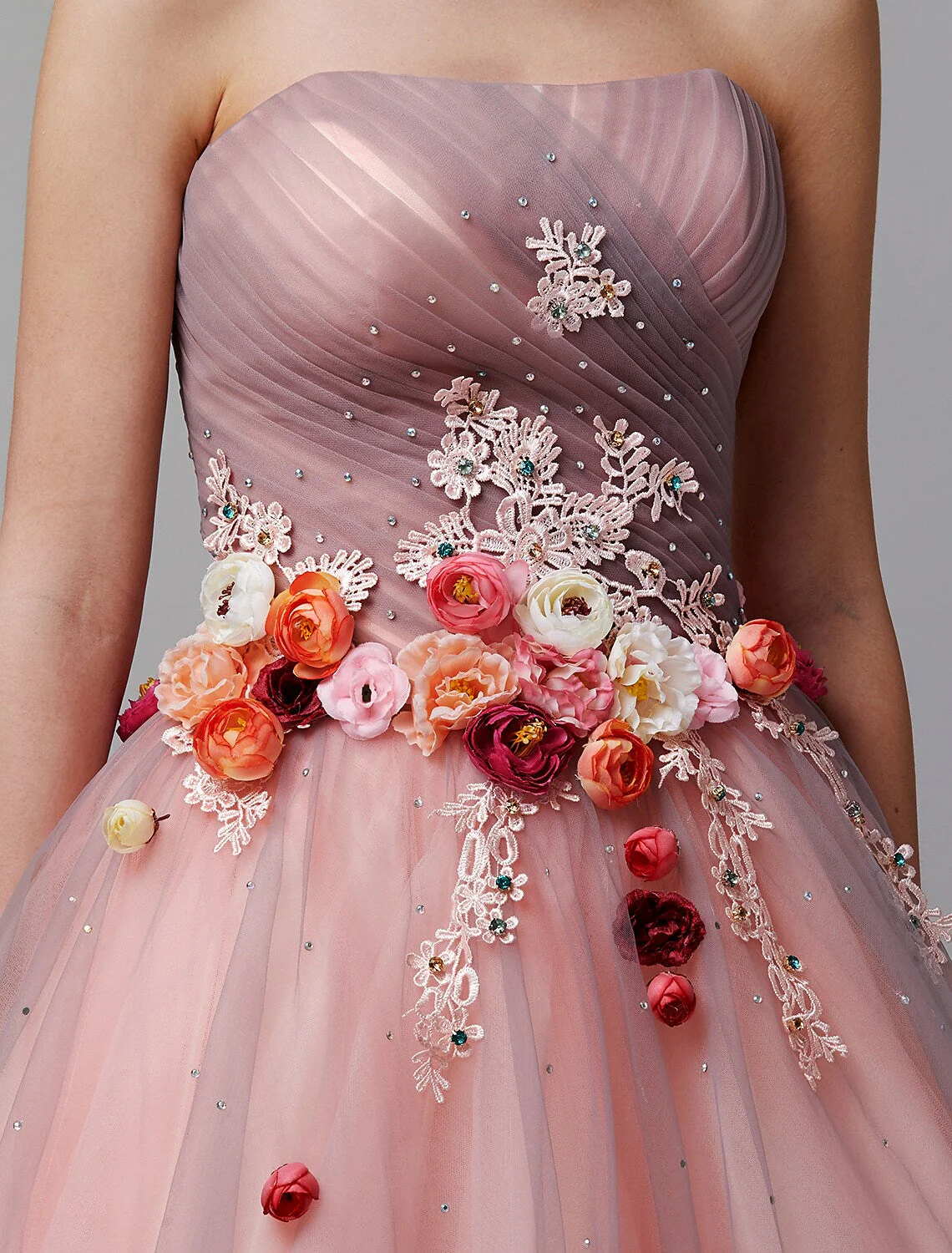 Ball Gown Evening Dress Strapless Sleeveless Floor Length Tulle Pleats Flower - TREBLEV