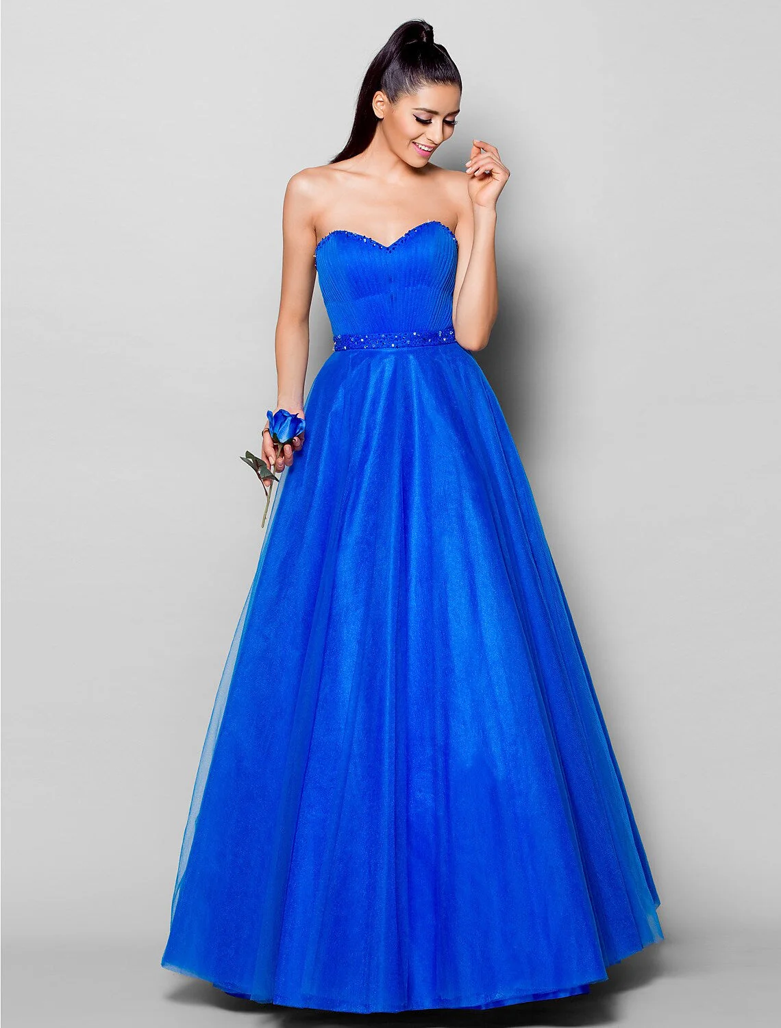 Lace Up Dress Formal Evening Floor Length Sleeveless Tulle Beading - TREBLEV