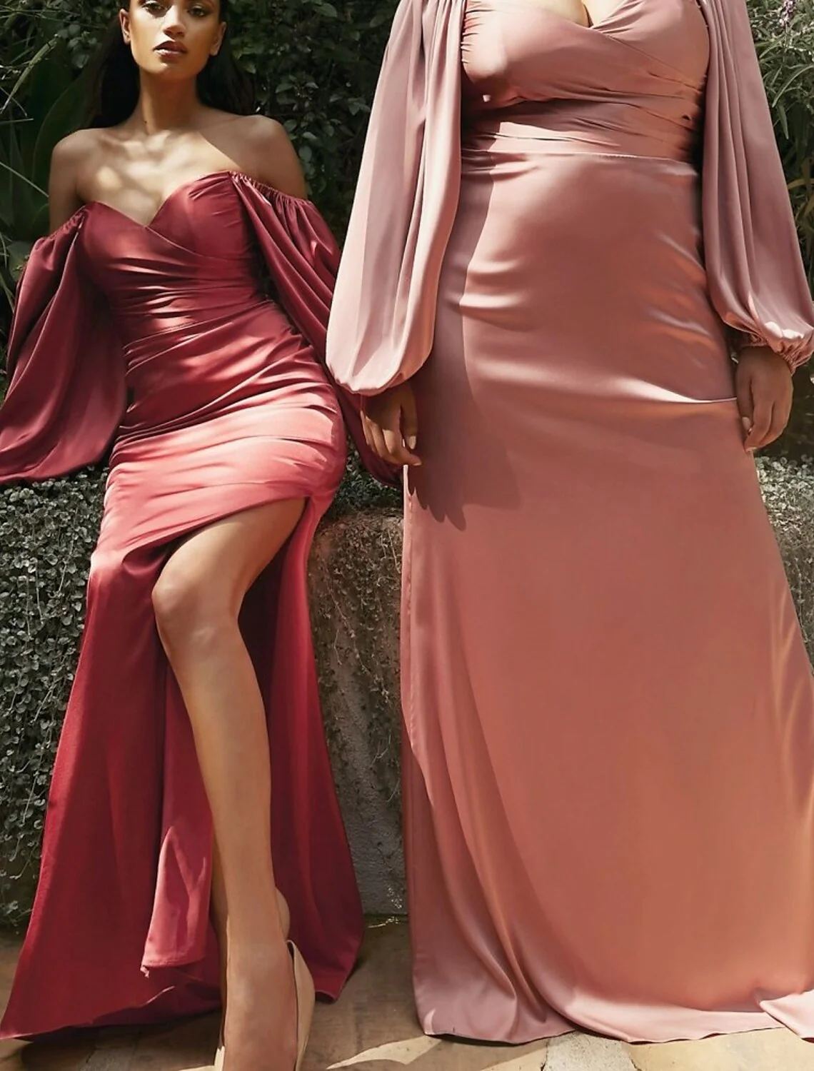 Mermaid / Trumpet Bridesmaid Dress Off Shoulder Long Sleeve Pink Floor Length Chiffon / Satin with Split Front / Ruching - TREBLEV