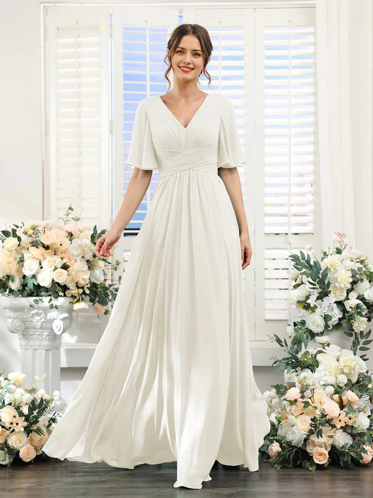 A-Line V Neck Sleeve Long Chiffon Formal Party Dresses for Wedding Guest Bridesmaid Dress - TREBLEV