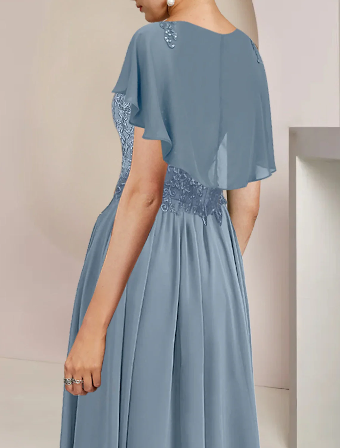 A-Line Mother of the Bride Dress Elegant Scoop Neck Tea Length Chiffon Lace Sleeveless with Beading Appliques - TREBLEV
