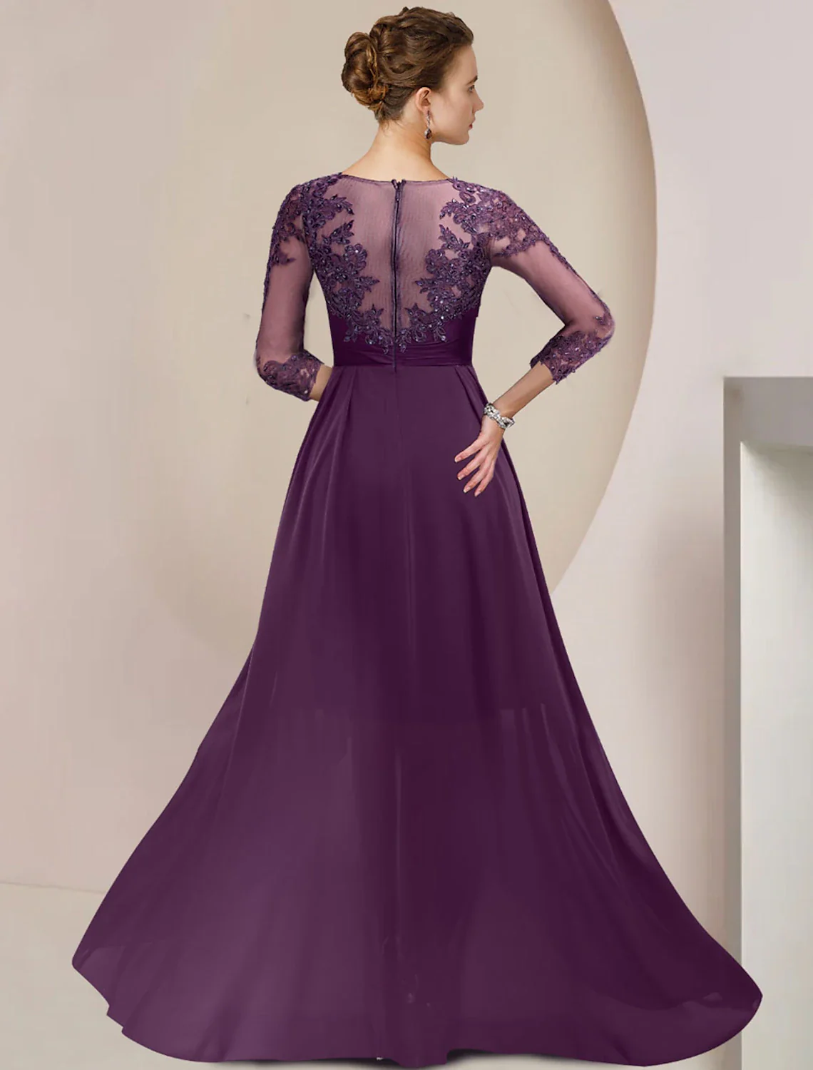 Sheath / Column Mother of the Bride Dress Elegant Scoop Neck Knee Length Chiffon Lace 3/4 Length Sleeve with Beading Sequin Appliques - TREBLEV