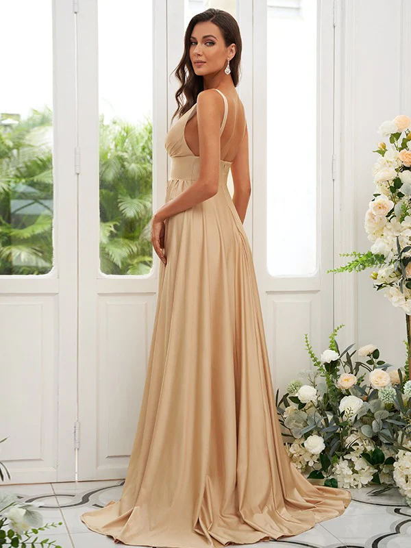 A-Line/Princess Jersey Ruffles V-neck Sleeveless Sweep/Brush Train Bridesmaid Dresses - TREBLEV