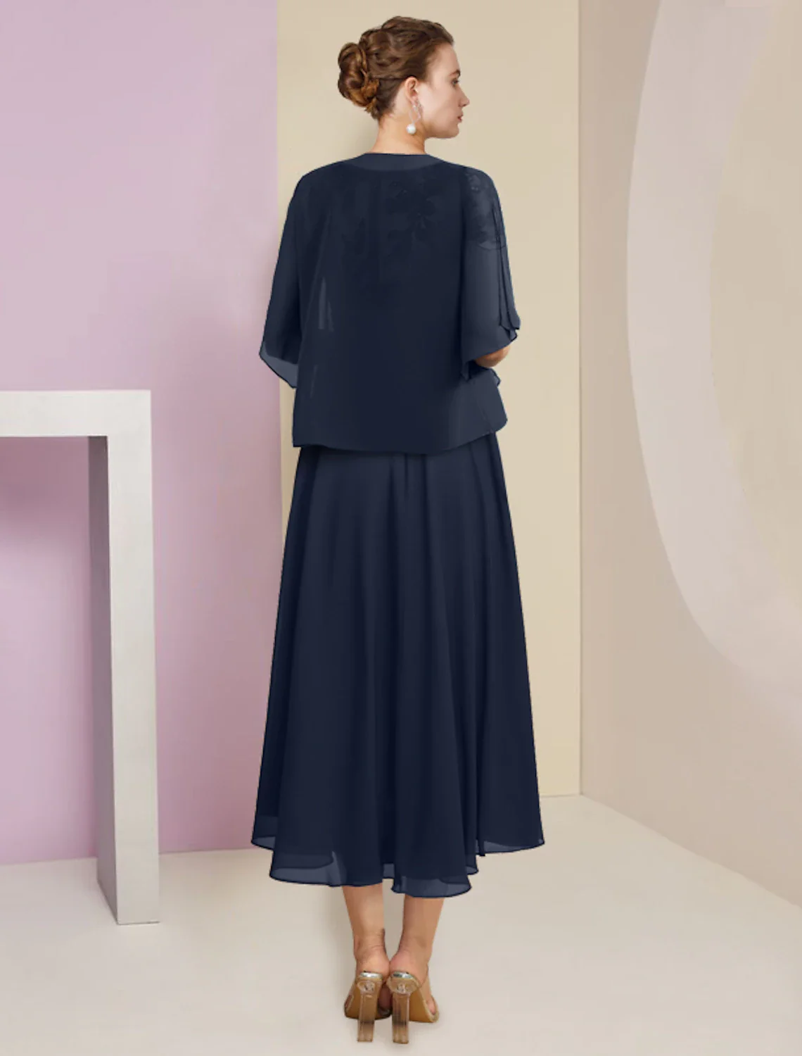 Two Piece A-Line Mother of the Bride Dress Formal Elegant Scoop Neck Tea Length Chiffon Lace Short Sleeve Wrap Included with Pleats Sequin Appliques - TREBLEV