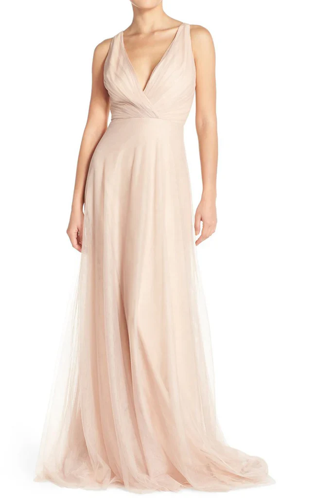 A Line V Neck Tulle Long Bridesmaid Dress - TREBLEV