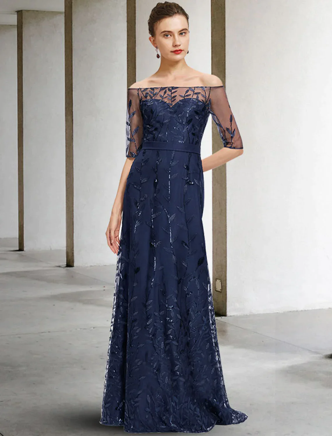 A-Line Mother of the Bride Dress Elegant Off Shoulder Floor Length Lace Tulle Half Sleeve with Sequin Appliques - TREBLEV