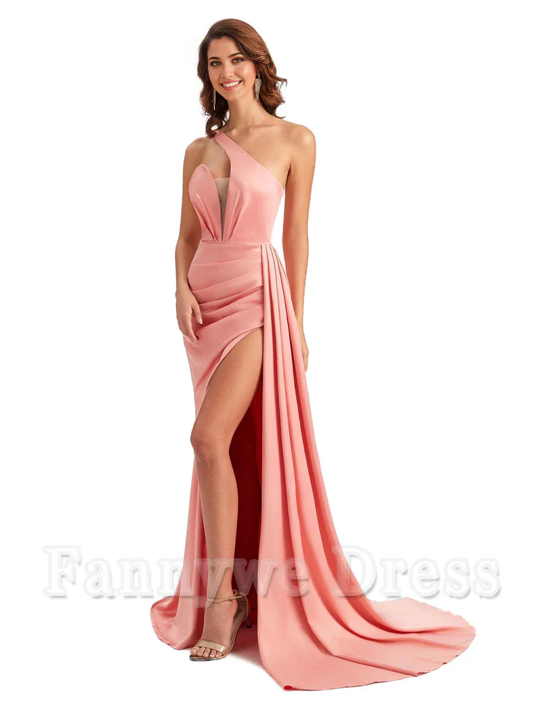 Mermaid One Shoulder Satin formal dresses evening gown Bridesmaid Dresses With Side Slit - TREBLEV