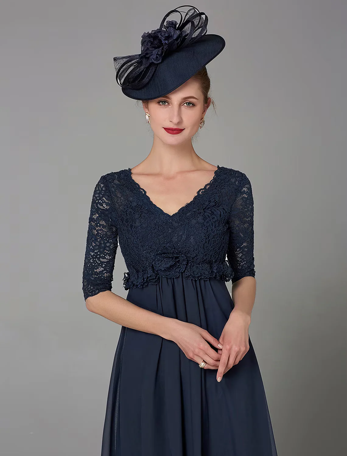 A-Line Mother of the Bride Dress Elegant Luxurious V Neck Floor Length Chiffon Lace Half Sleeve with Lace Bow(s) - TREBLEV