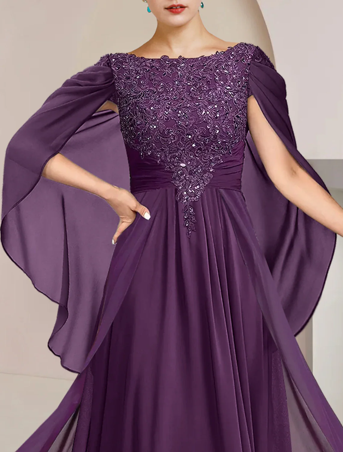 A-Line Mother of the Bride Dress Formal Wedding Guest Elegant Scoop Neck Floor Length Chiffon Lace Sleeveless with Beading Sequin Appliques - TREBLEV