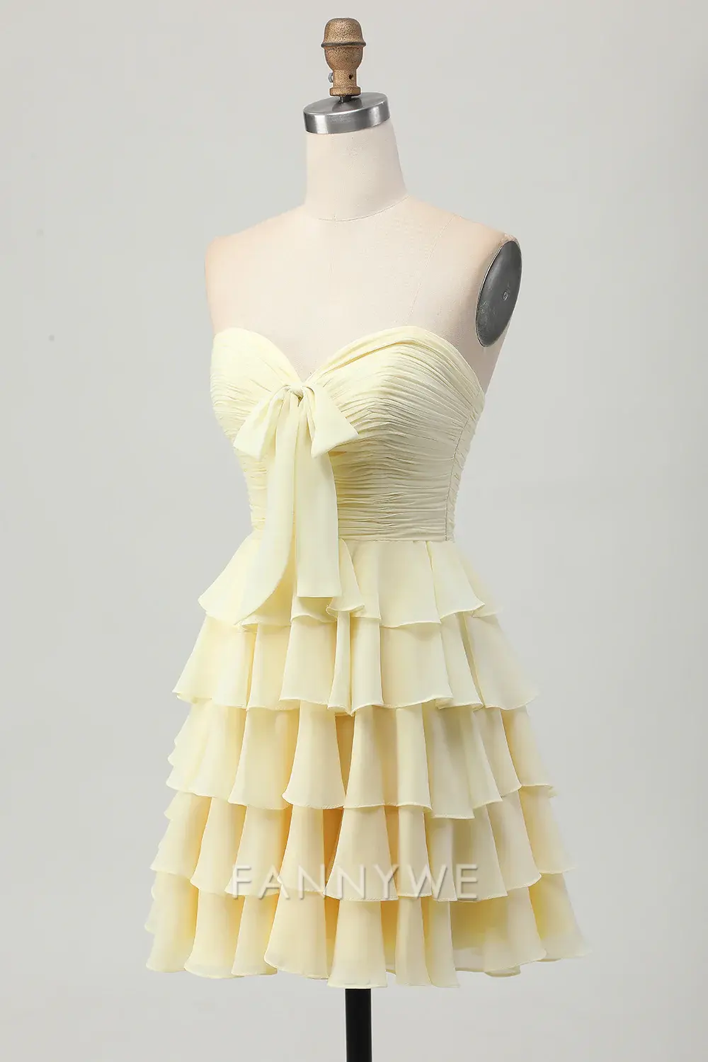 FannyWe Elegant Light Yellow Sweetheart Ruched Ruffled Short Homecoming Dress with Bow formal wear dresses - TREBLEV