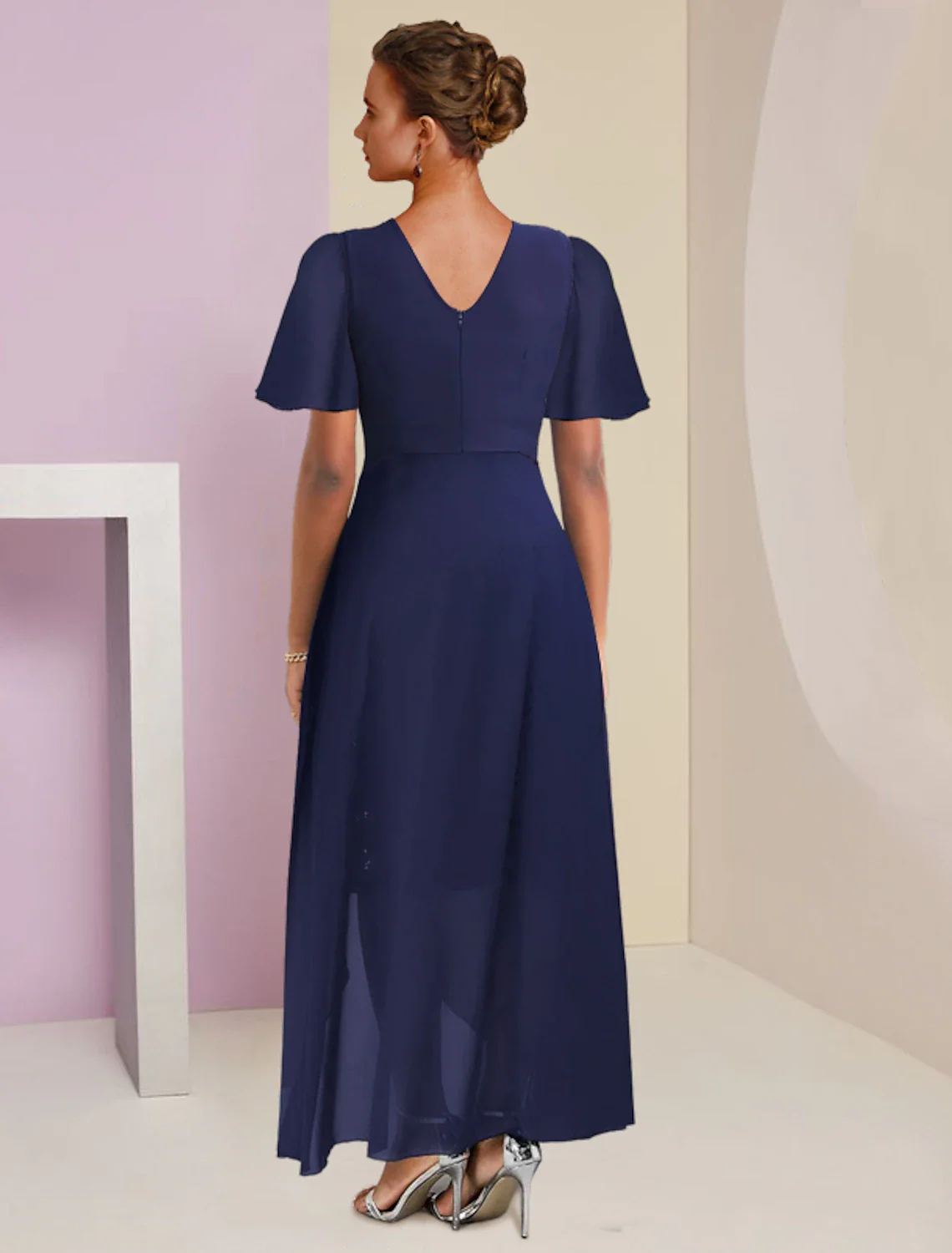 Sheath / Column Mother of the Bride Dress Formal Wedding Guest Elegant Scoop Neck Asymmetrical Tea Length Chiffon Lace 3/4 Length Sleeve with Crystal Brooch - TREBLEV