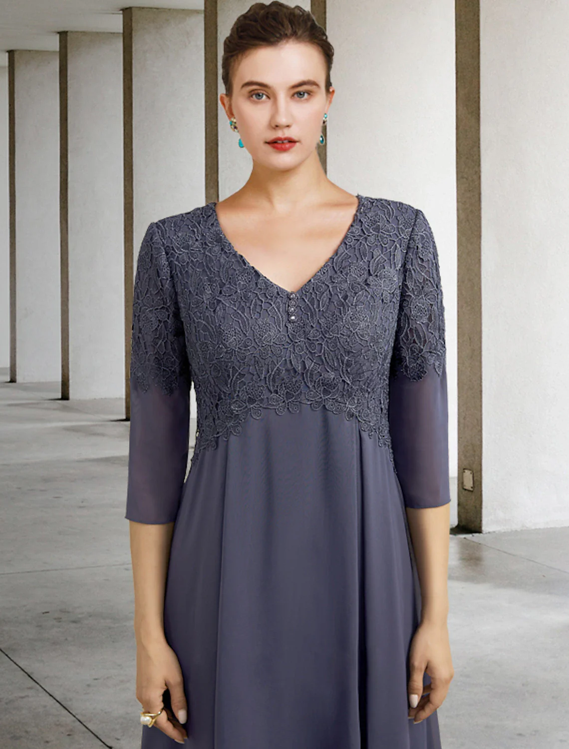 A-Line Mother of the Bride Dress Fall Wedding Guest Plus Size Elegant V Neck Tea Length Chiffon Lace 3/4 Length Sleeve with Ruffles Appliques - TREBLEV