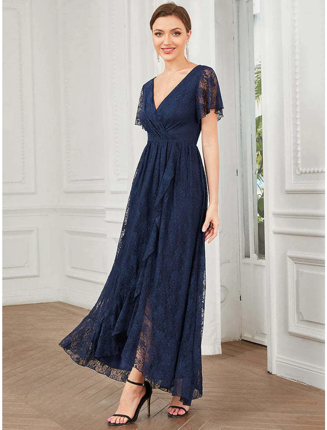 A-Line Wedding Guest Dresses Elegant Dress Holiday Asymmetrical Short Sleeve V Neck Lace with Appliques - TREBLEV