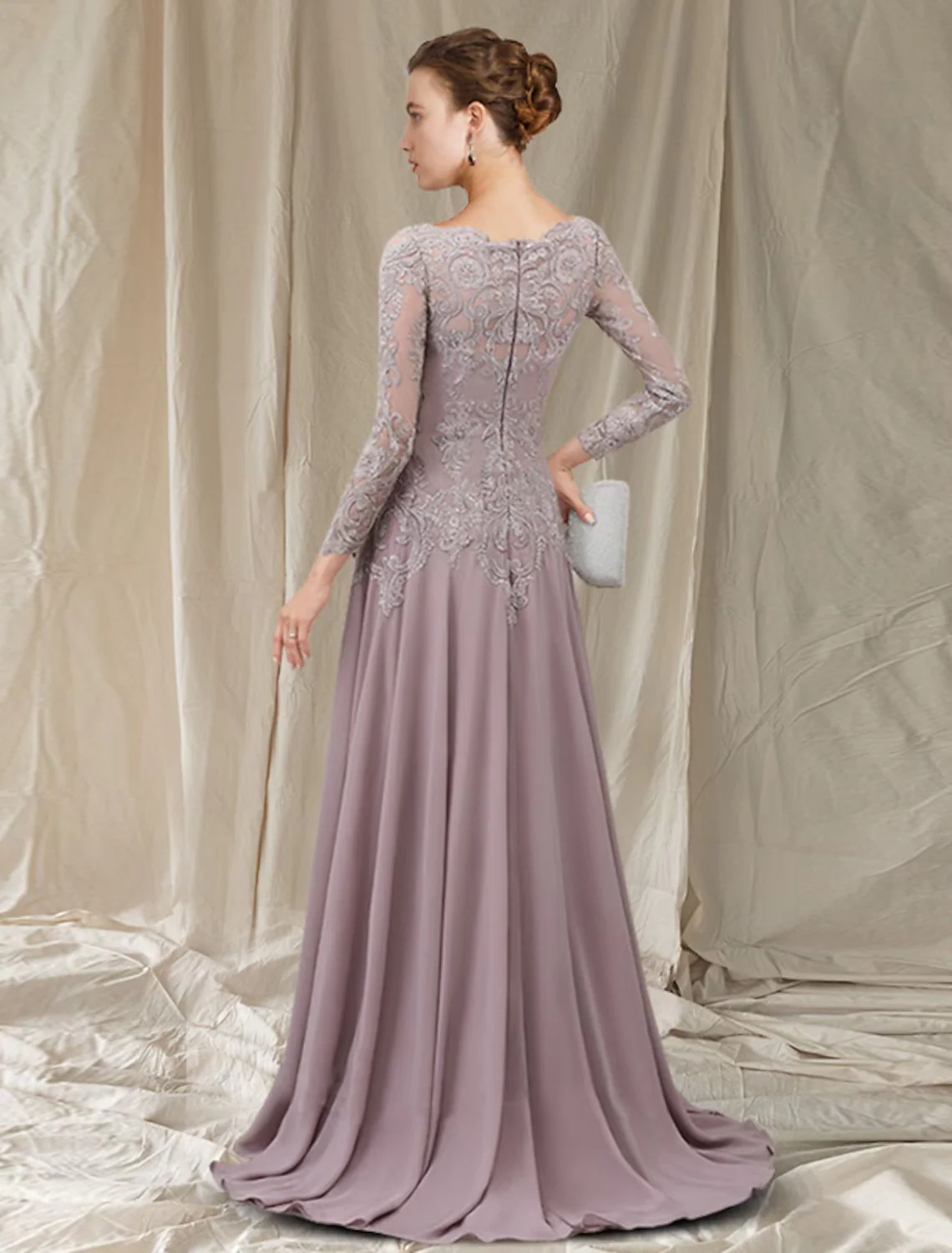 A-Line Mother of the Bride Dress Elegant Chiffon Lace Long Sleeve with Pleats Appliques - TREBLEV