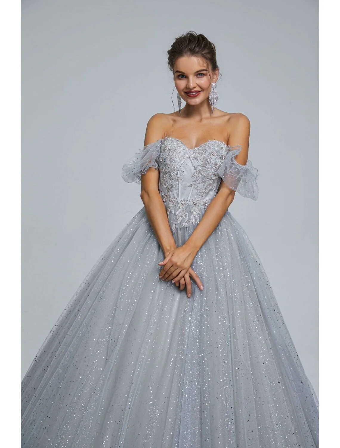 Ball Gown Prom Dresses Princess Dress Graduation Floor Length Short Sleeve Tulle with Sequin Appliques - TREBLEV