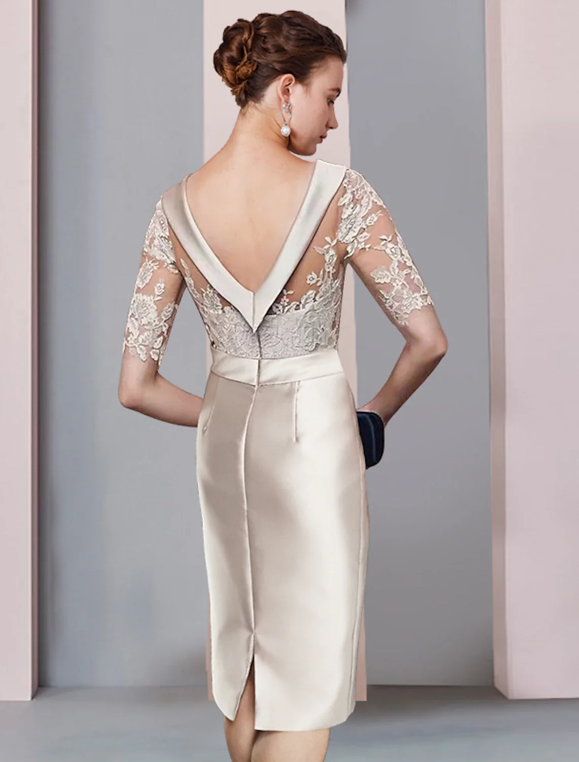 Sheath / Column Mother of the Bride Dress Wedding Guest Elegant Scoop Neck Knee Length Satin Lace Half Sleeve with Bow(s) Appliques - TREBLEV