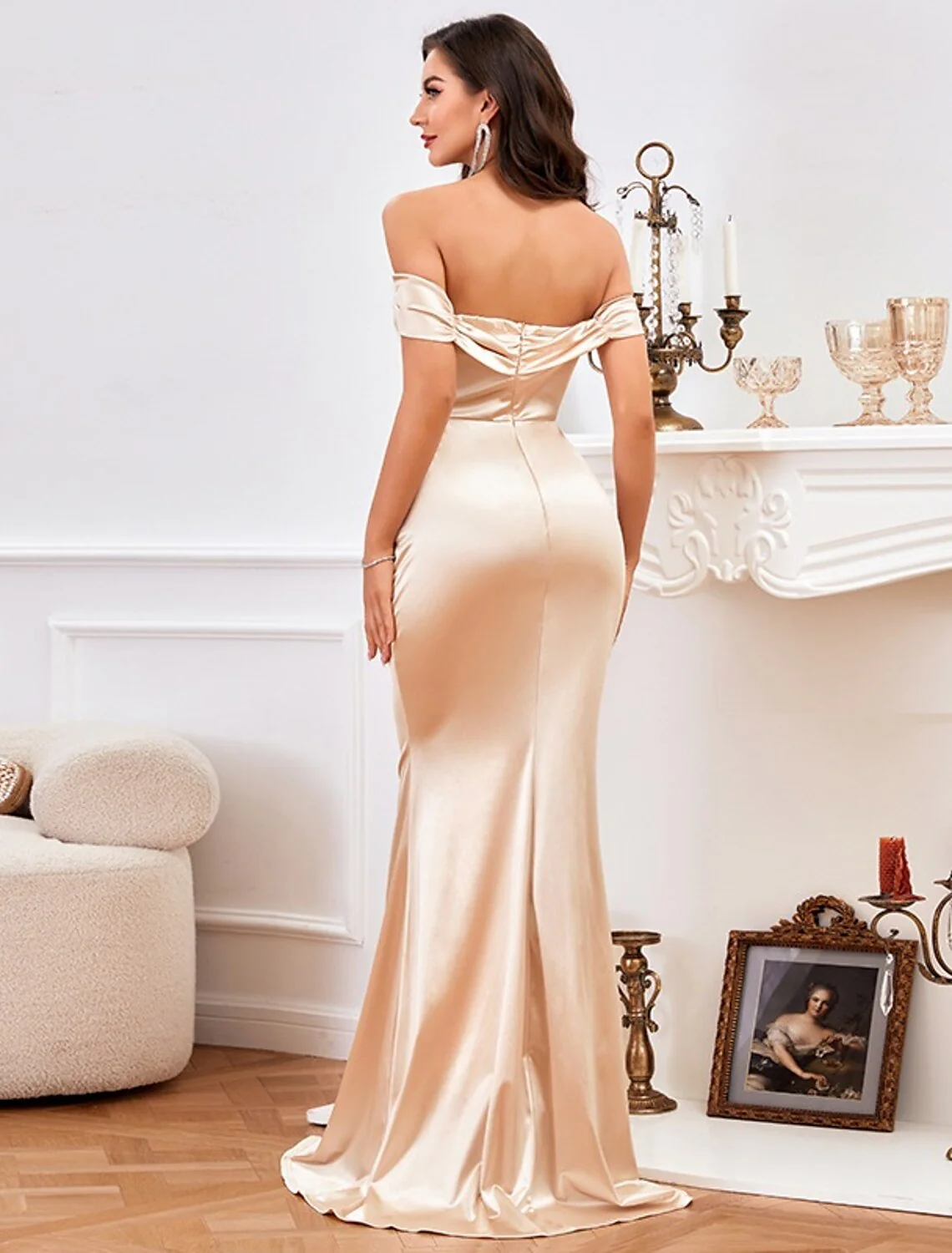 Mermaid / Trumpet Minimalist High Split Prom Formal Evening Dress Off Shoulder Sleeveless Floor Length Satin with Ruched Slit - TREBLEV