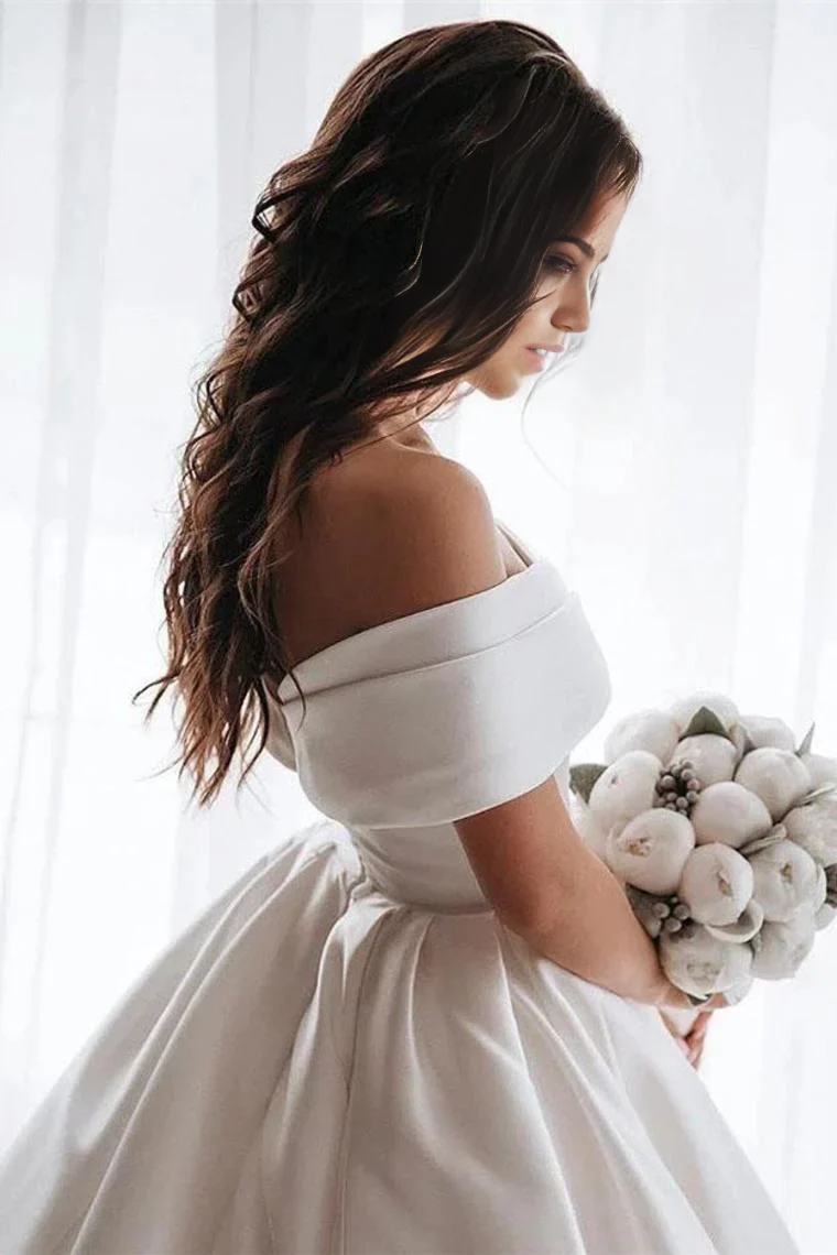 A-line Sweetheart Off The Shoulder Satin White Ball Gown Bride Dresses Wedding Dresses - TREBLEV