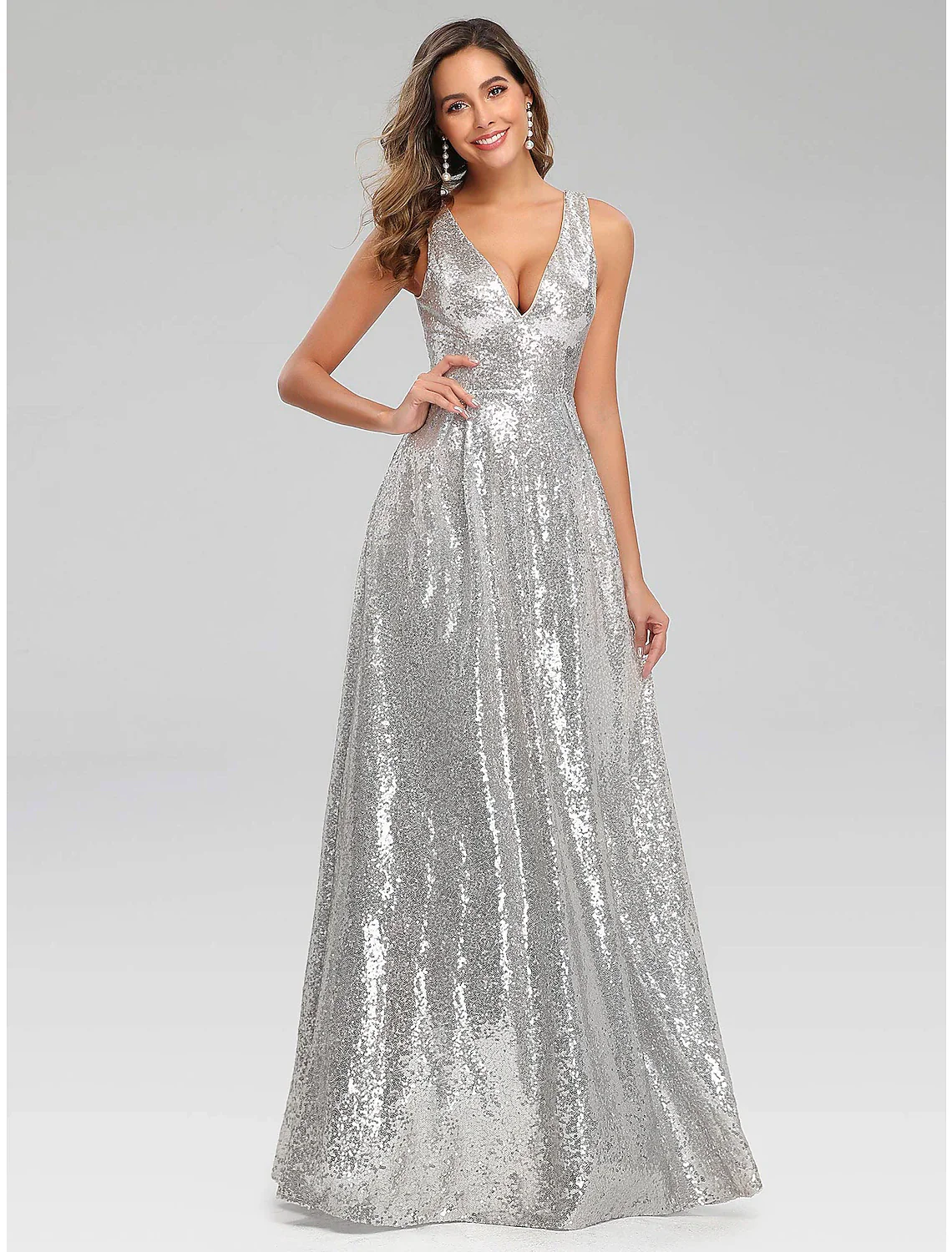 A-Line Prom Dresses Sparkle Dress Wedding Guest Floor Length Sleeveless V Neck Polyester V Back with Sequin - TREBLEV