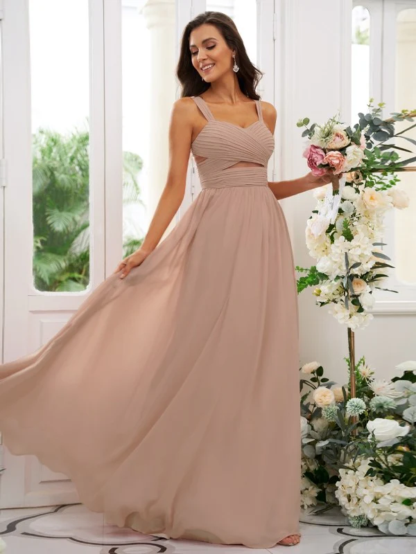 A-Line/Princess Chiffon Ruched Straps Sleeveless Floor-Length Bridesmaid Dresses - TREBLEV
