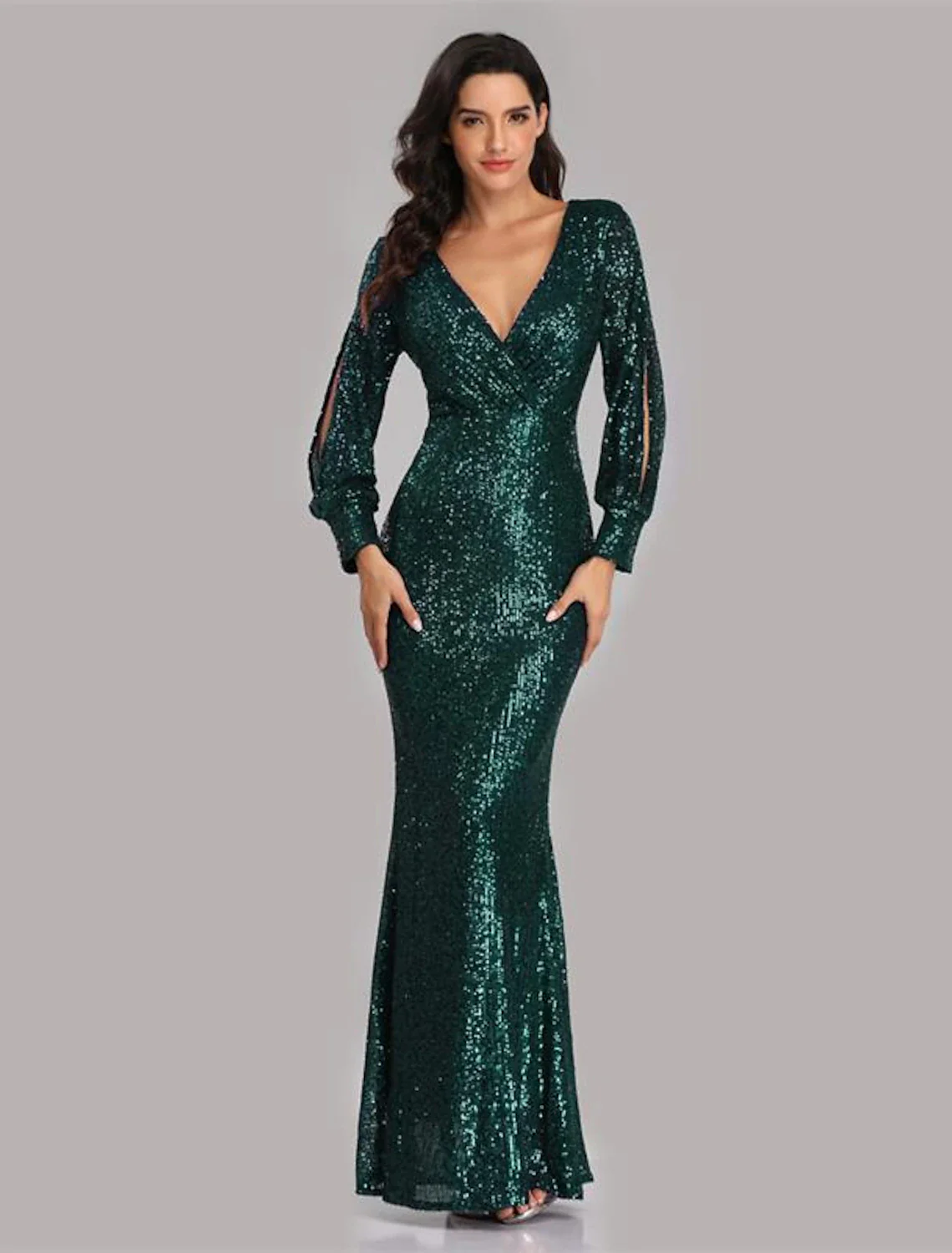 Mermaid / Trumpet Evening Gown Sparkle Dress Party Wear Floor Length Long Sleeve V Neck Sequined with Sequin - TREBLEV