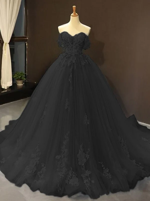 Ball Gown Tulle Off-the-Shoulder Sleeveless Applique Sweep/Brush Train Dresses - TREBLEV