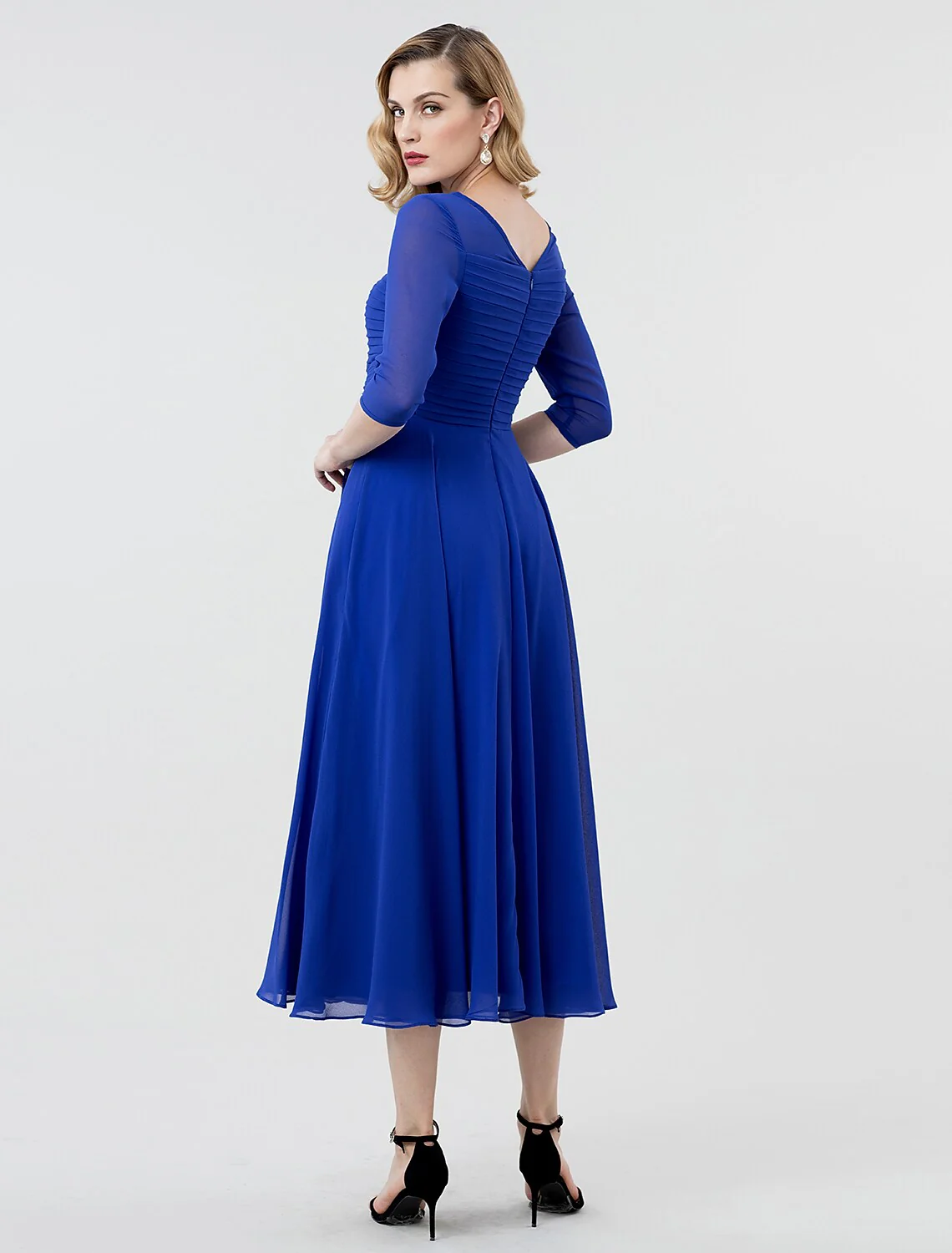 A-Line Elegant Evening Party Dress Boat Neck Length Sleeve Length Ruched Crystal Brooch - TREBLEV