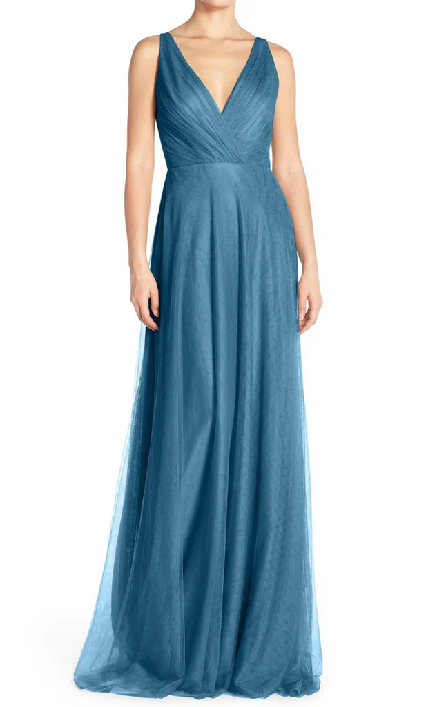 A Line V Neck Tulle Long Bridesmaid Dress - TREBLEV