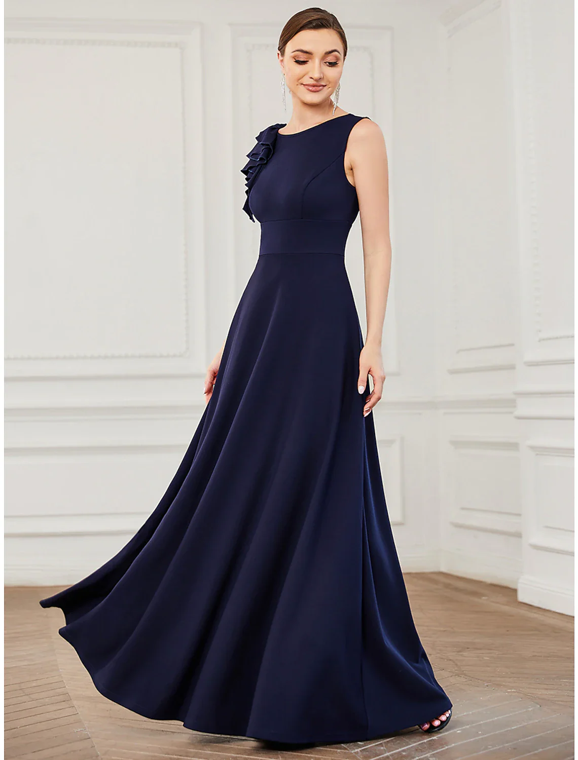 A-Line Evening Gown Plus Size Dress Formal Floor Length Sleeveless Jewel Neck Polyester with Draping Appliques Pure Color - TREBLEV