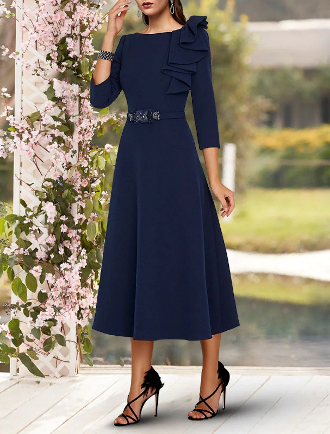 A-Line Mother of the Bride Dress Elegant Jewel Neck Tea Length Stretch Fabric 3/4 Length Sleeve with Sash / Ribbon Side Draping - TREBLEV