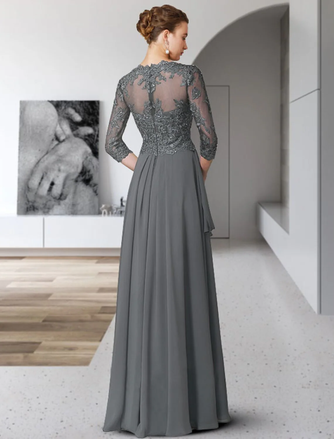 A-Line Mother of the Bride Dress Elegant V Neck Floor Length Chiffon Lace  Sleeve with Pleats Appliques - TREBLEV