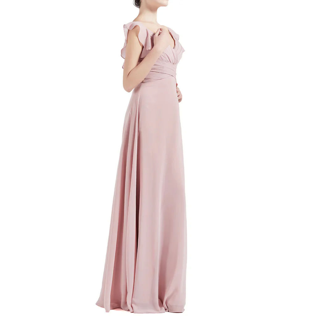 V Neck Ruffle Cap Sleeve Long Bridesmaid Dresses - TREBLEV