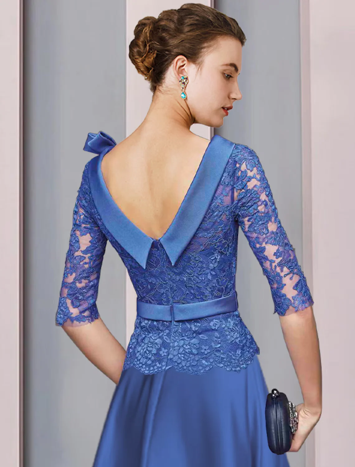 A-Line Mother of the Bride Dress Formal Church Party Elegant Satin Lace Half Sleeve with Sash Ribbon Bow(s) - TREBLEV