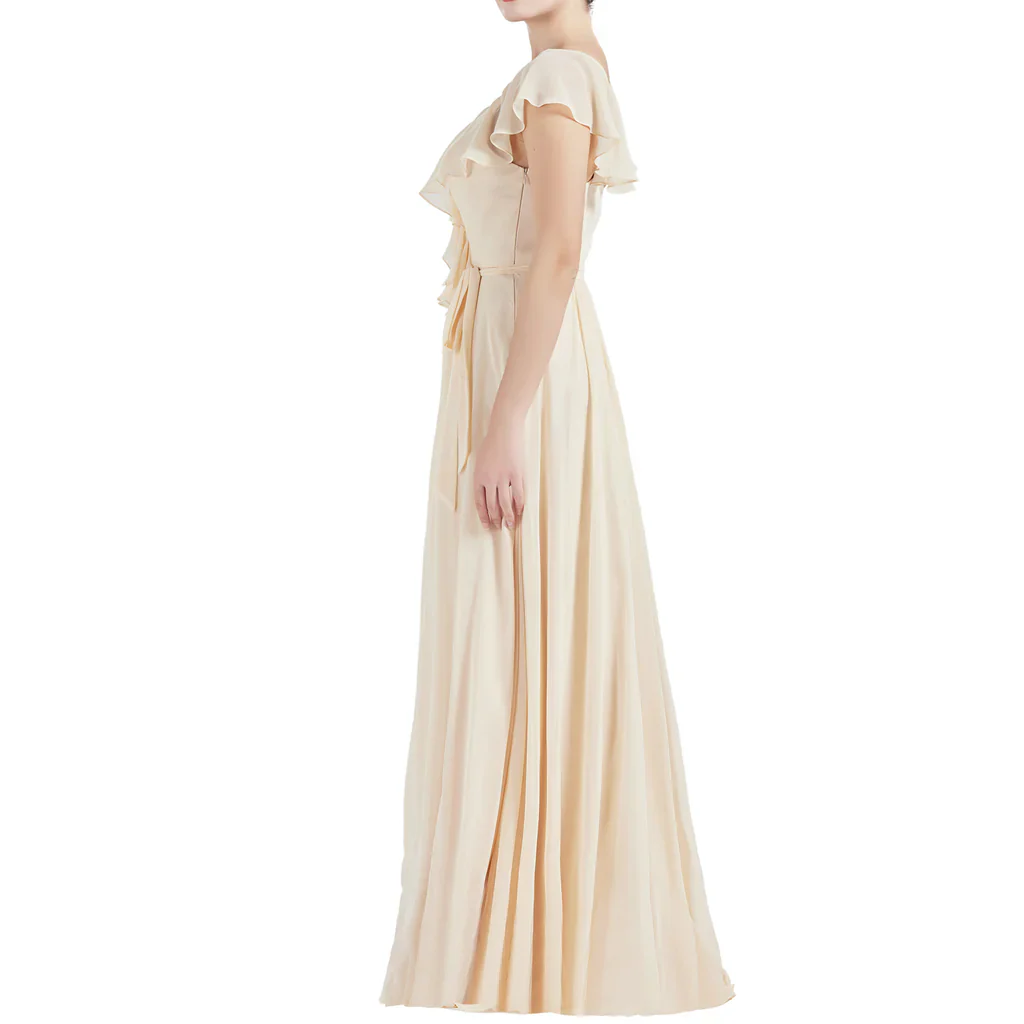 V Neck Ruffle Cap Sleeves Long Bridesmaid Dresses - TREBLEV
