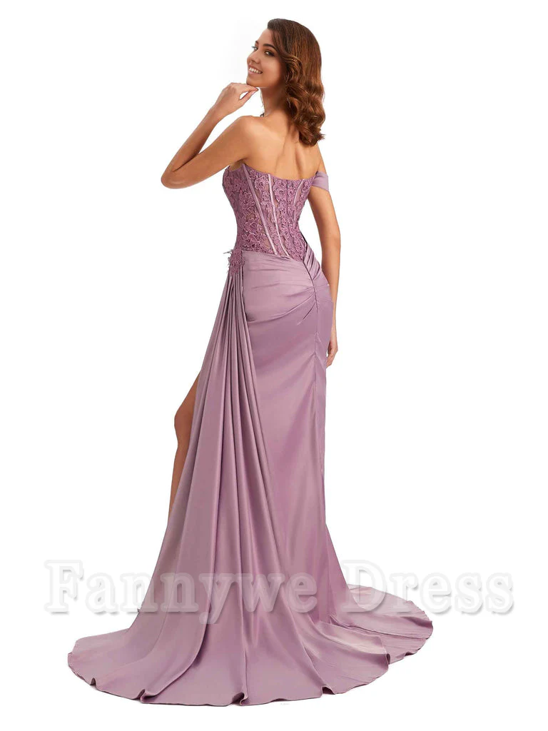 Mermaid Off Shoulder Applique formal dresses evening gown Bridesmaid Dresses With Side Slit - TREBLEV