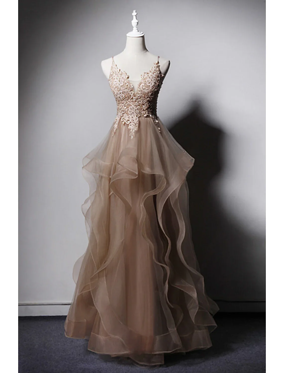 A-Line Prom Dresses Sexy Dress Formal Floor Length Sleeveless Spaghetti Strap Lace with Ruffles Appliques - TREBLEV