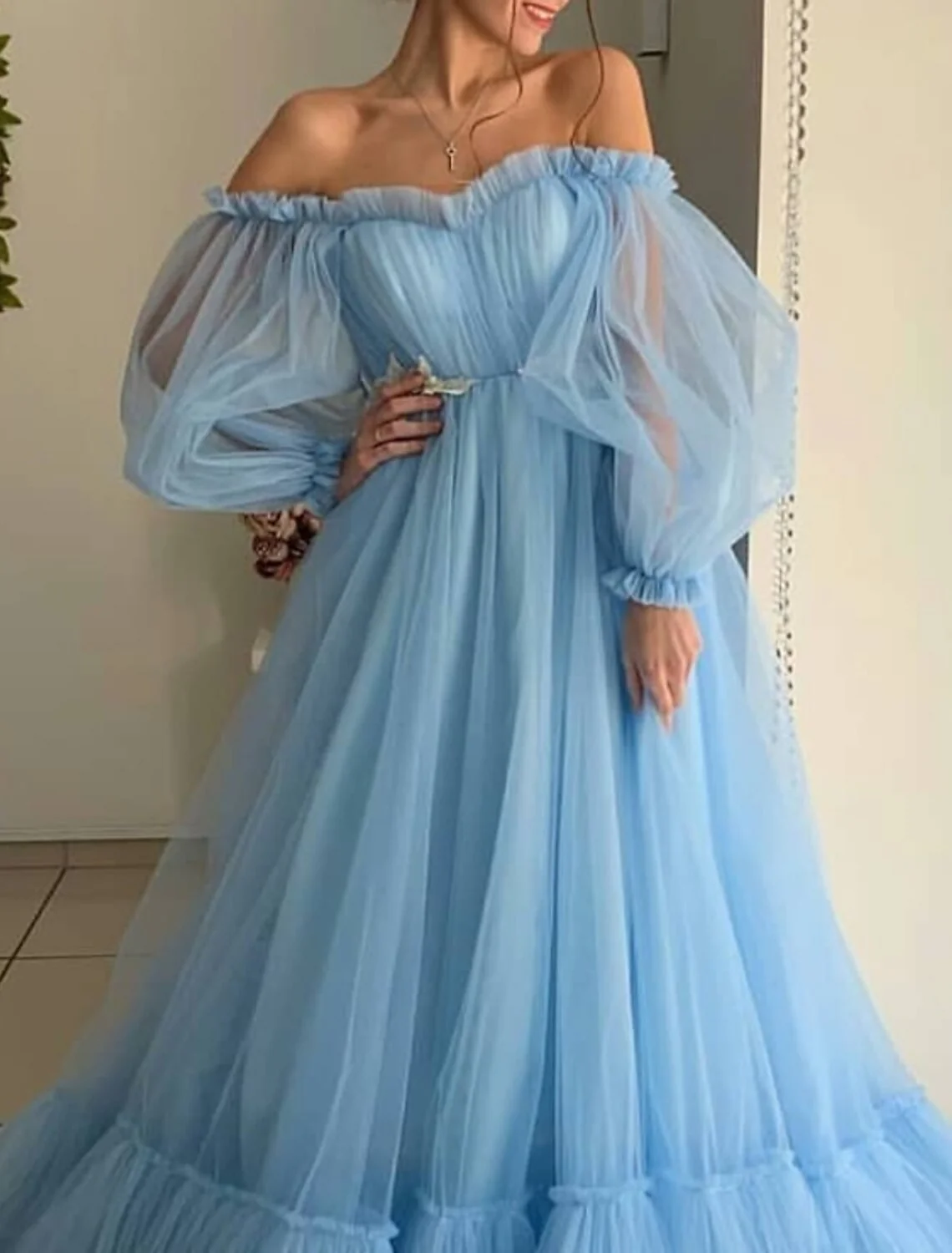 A-Line Minimalist Elegant Engagement Prom Dress Off Shoulder Long Sleeve Floor Length Tulle with Pleats Appliques - TREBLEV