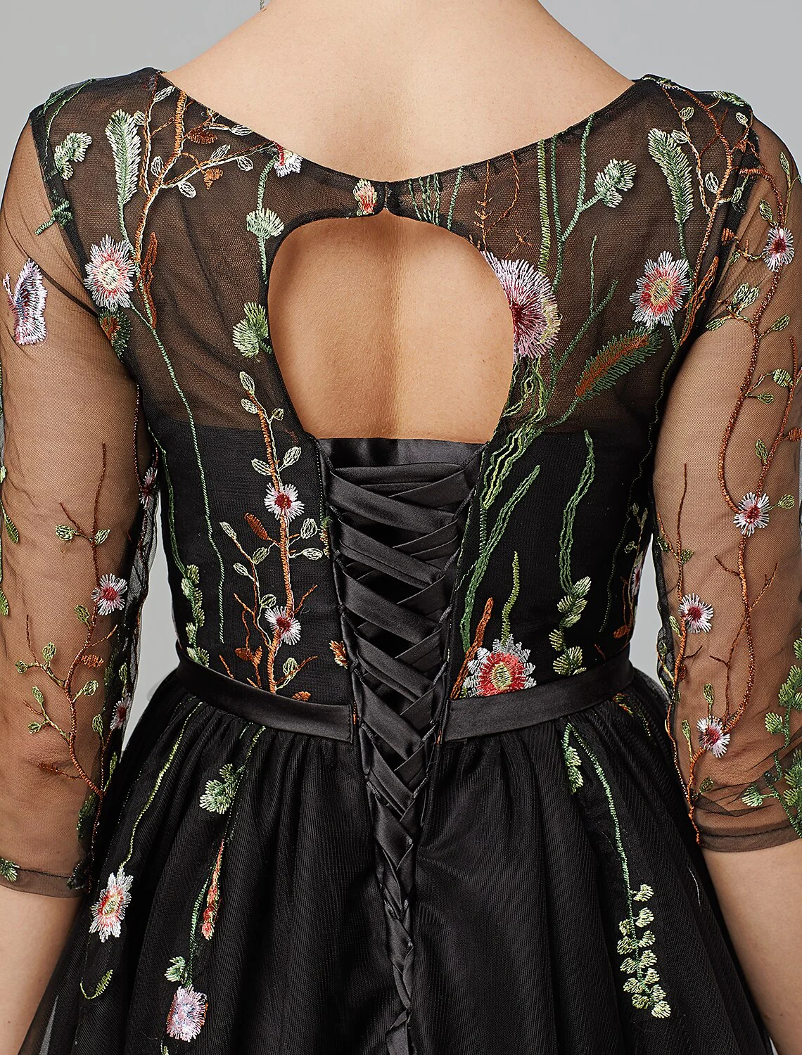 A-Line Little Black Dress Dress Wedding Guest Knee Length Long Sleeve Illusion Neck Wednesday Addams Family Tulle with Embroidery Appliques - TREBLEV