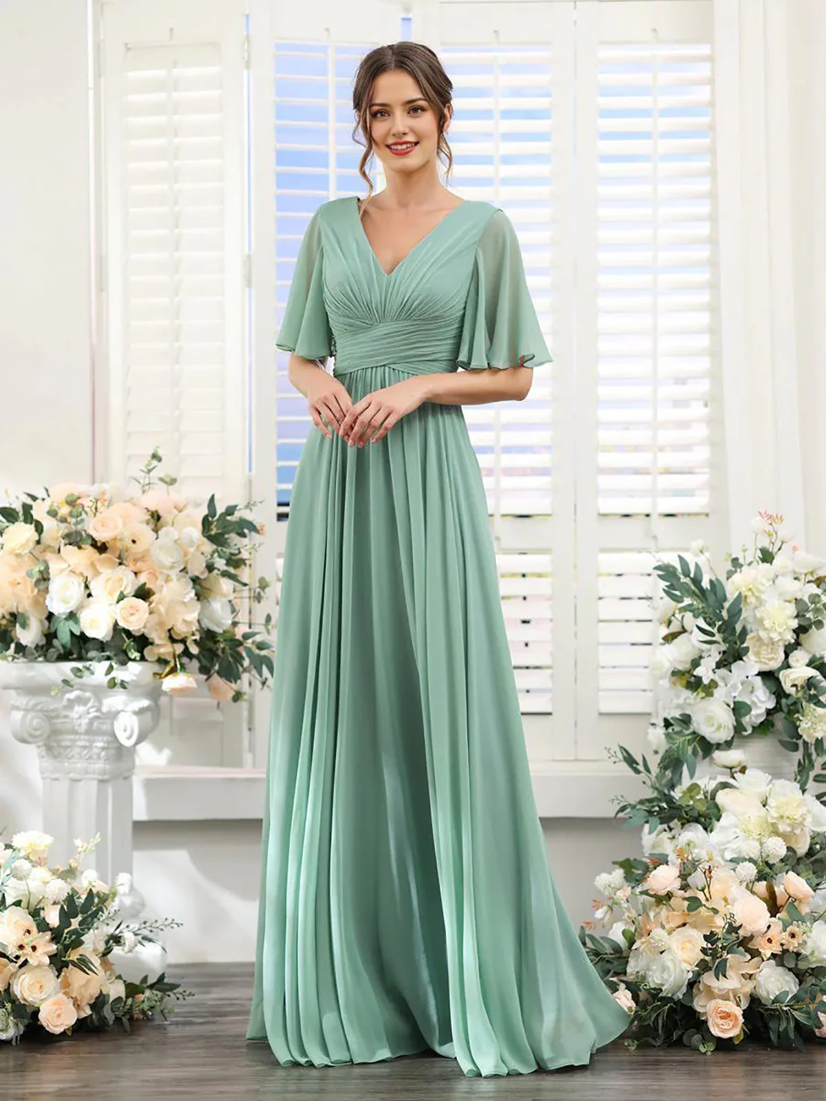 A-Line V Neck Sleeve Bridesmaid Dress for Wedding Guest Long Chiffon Party Dresses with Slit - TREBLEV