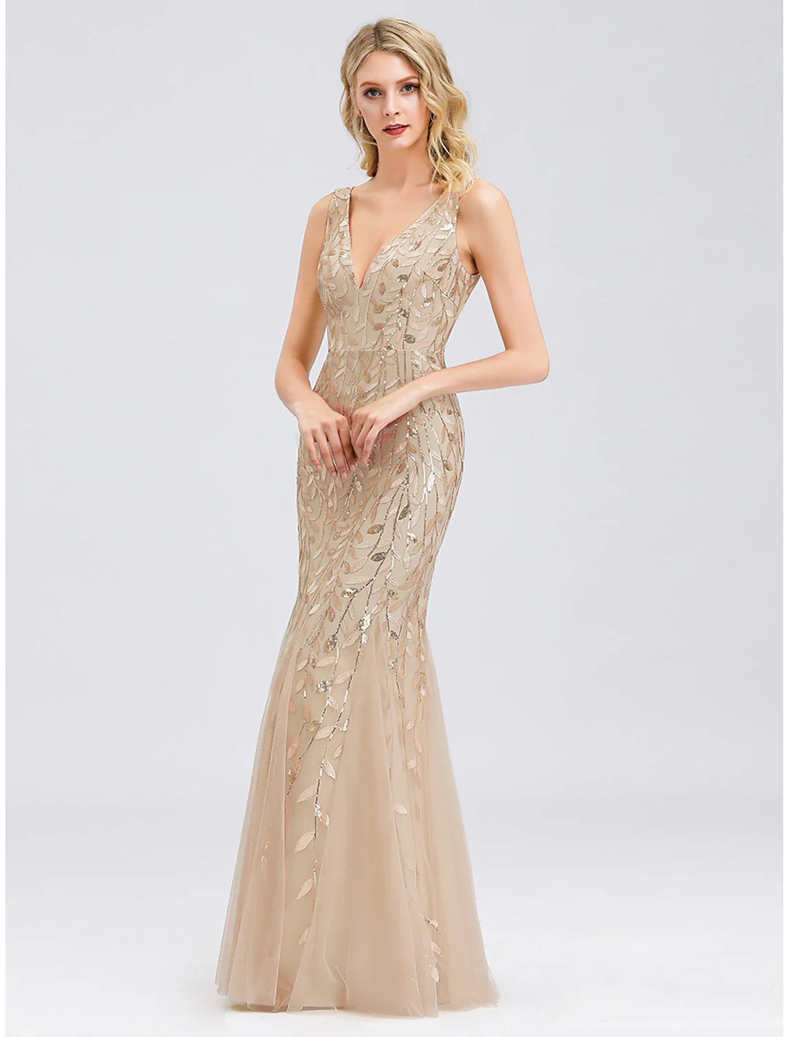Mermaid / Trumpet Sparkle Sexy Prom Formal Evening Dress V Neck V Back Sleeveless Floor Length Tulle with Sequin Appliques - TREBLEV