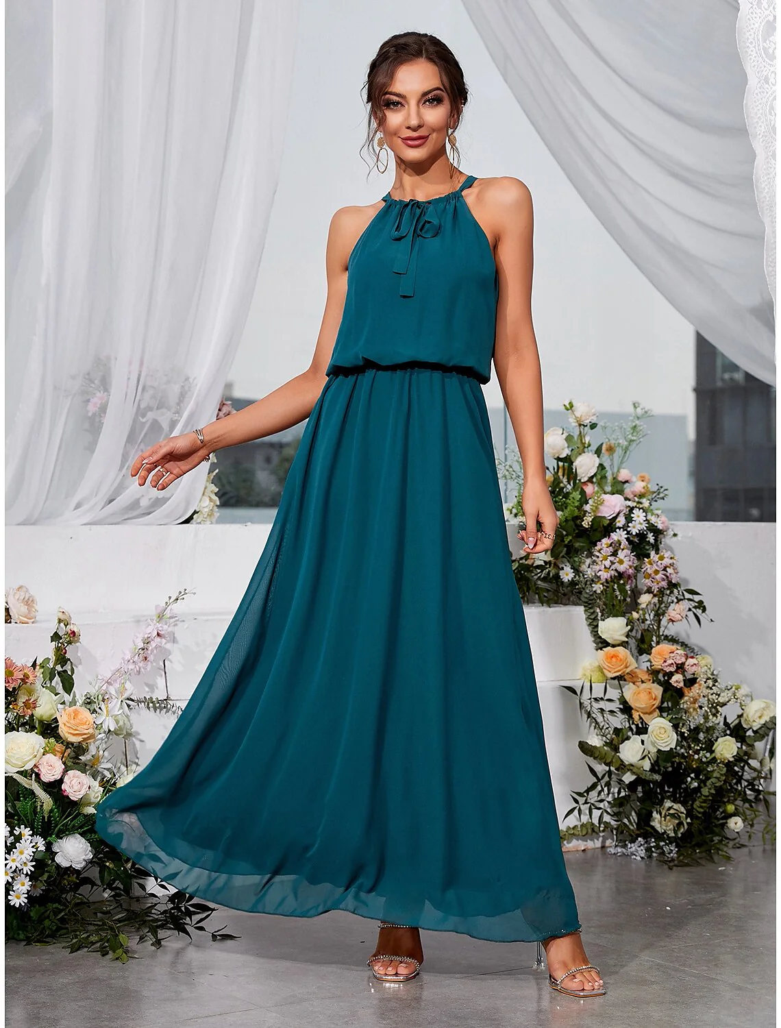 A-Line Wedding Guest Dresses Elegant Dress Holiday Ankle Length Sleeveless Halter Lace with Strappy - TREBLEV