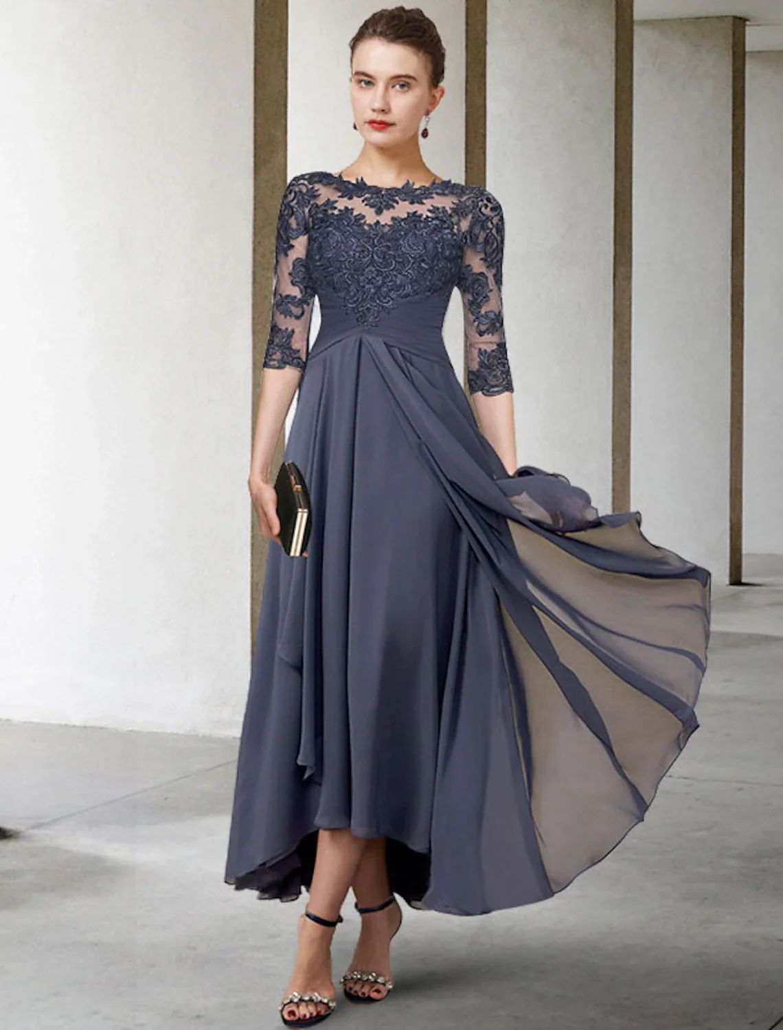 A-Line Mother of the Bride Dress Plus Size Elegant High Low Jewel Neck Asymmetrical Tea Length Chiffon Lace Half Sleeve with Ruched Appliques - TREBLEV