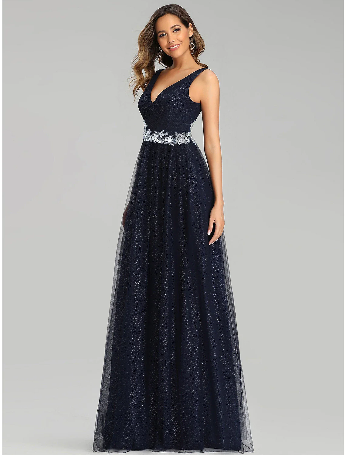 A-Line Prom Dresses Empire Dress Wedding Guest Floor Length Sleeveless V Neck Tulle with Sequin Appliques - TREBLEV